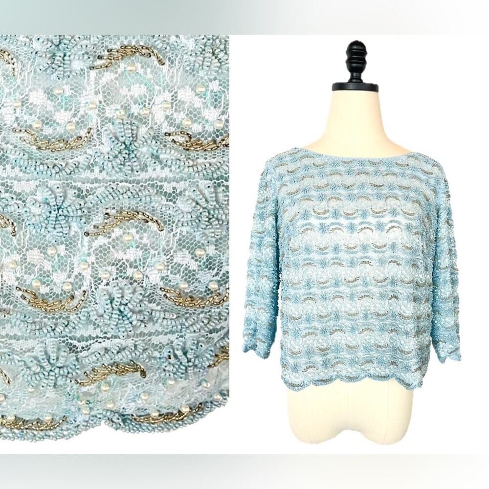 Vintage 1960's Baby Blue Beaded Top Medium Scalloped Edge Pearls Lace Hong Kong